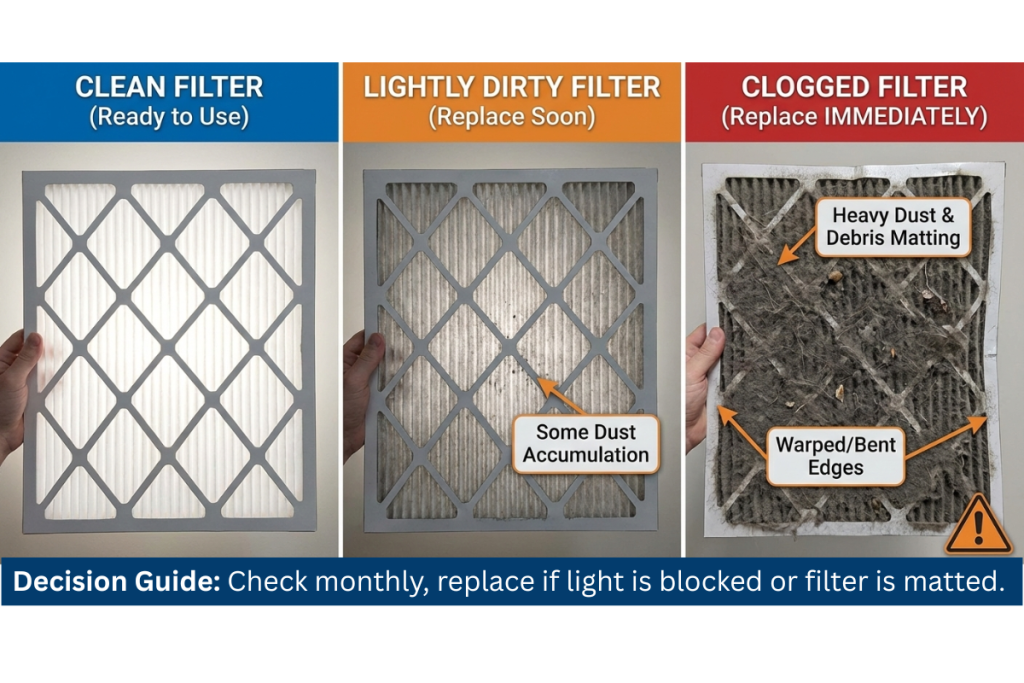Clean vs lightly dirty vs clogged furnace filter